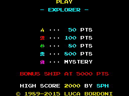 EXPLORER (ZX Spectrum) screenshot: Main menu