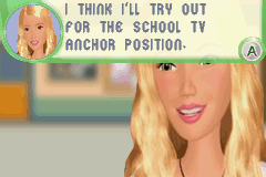 The Barbie Diaries: High School Mystery (Game Boy Advance) screenshot: TV anchor position