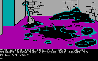 Amazon (DOS) screenshot: The city is collapsing around me in Indiana Jones fashion!
