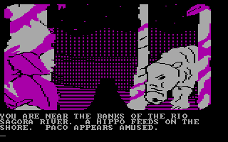 Amazon (DOS) screenshot: A hippo by the river.