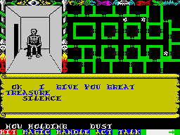 Swords & Sorcery (ZX Spectrum) screenshot: Bribing him with my helmet