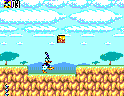 Deep Duck Trouble starring Donald Duck (SEGA Master System) screenshot: Kicking these bricks makes them fly up and down in an arc