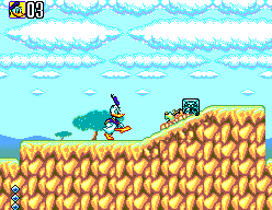 Deep Duck Trouble starring Donald Duck (SEGA Master System) screenshot: Using a brick to destroy an enemy