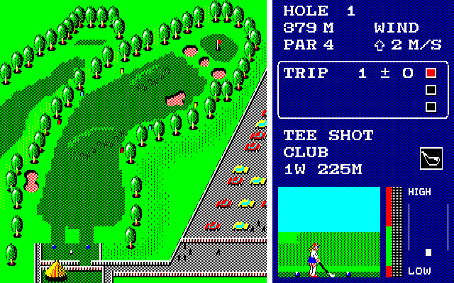 World Golf (PC-88) screenshot: Tee shot on the first hole