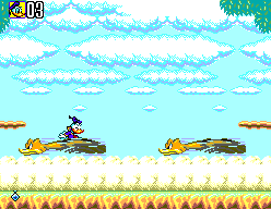 Deep Duck Trouble starring Donald Duck (SEGA Master System) screenshot: Watch out for the stampede! Donald needs to hop from bird to bird to progress