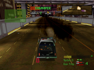 Twisted Metal (PlayStation) screenshot: Shooting rear missiles.