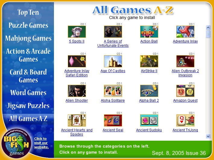 Big Fish Games CD: Issue 36 (Windows) screenshot: The CD setup program loads a game browser which lists all the games on both CDs