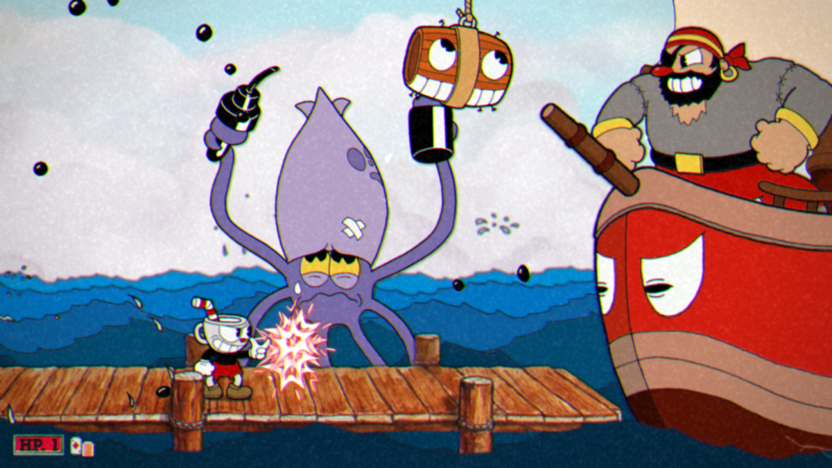 Cuphead (Windows) screenshot: All the elements you see in the screenshot can shoot or hit and cause damage. Sometimes they do it all at once