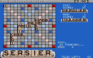 The Computer Edition of Scrabble Brand Crossword Game (Atari ST) screenshot: Thinking...