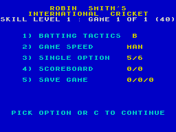 Robin Smith's International Cricket (ZX Spectrum) screenshot: Batting options - best to start defensive