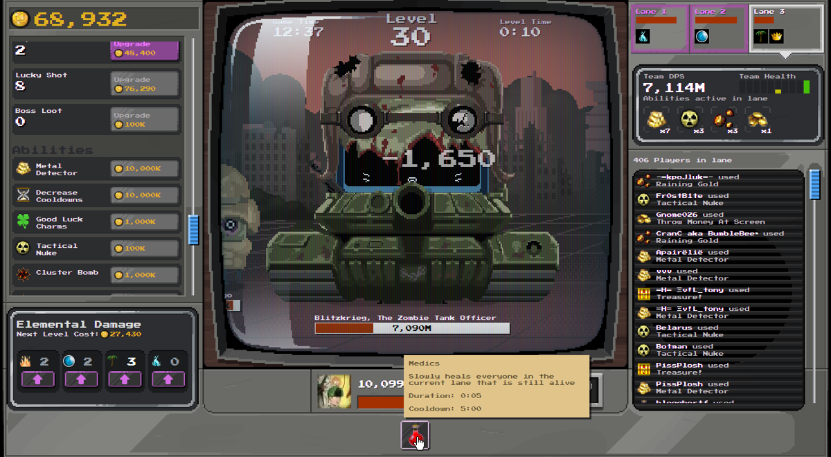 Monster Summer Game (Browser) screenshot: The abilities affect everyone in the lane once activated.
