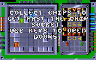 Chip's Challenge (Atari ST) screenshot: Each level's tasks are explained on the ?