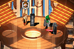 LEGO Star Wars II: The Original Trilogy (Game Boy Advance) screenshot: Han Solo frozen, with Leia, Boba Fett and Darth Vader watching