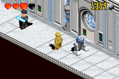 LEGO Star Wars II: The Original Trilogy (Game Boy Advance) screenshot: Bespin is a great level to get some studs, and here Luke is throwing his lightsaber at an Imperial officer