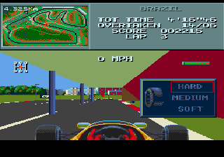 Formula One (Genesis) screenshot: Even if you drive carefully, tires will eventually give in, requiring a quick trip to the boxes