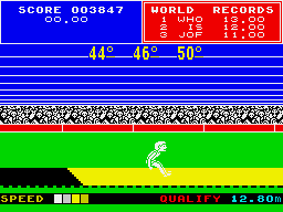 Daley Thompson's Super-Test (ZX Spectrum) screenshot: Good angles, but the run-up isn't fast enough