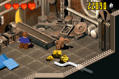LEGO Star Wars II: The Original Trilogy (Game Boy Advance) screenshot: Chewbacca repairing Threepio after he's ambushed in Bespin