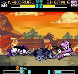 SNK Gals' Fighters (Neo Geo Pocket Color) screenshot: Grabbed in the tail of her pet wolf Silkou, Nakoruru smashes Shermie in a hyper frontal attack.