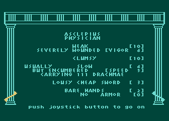 The Return of Heracles (Atari 8-bit) screenshot: Character status