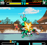 SNK Gals' Fighters (Neo Geo Pocket Color) screenshot: Yuri is back to action, but this time she does her DM Super Upper, making a 3-hit combo in Leona