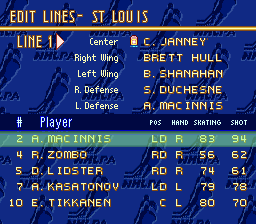 Brett Hull Hockey 95 (SNES) screenshot: Edit team lines