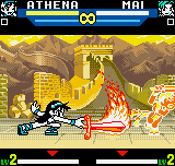 SNK vs. Capcom: The Match of the Millennium (Neo Geo Pocket Color) screenshot: Athena Asamiya does her devastator Flame Sword: the poor Mai was obliterated then... ;-(