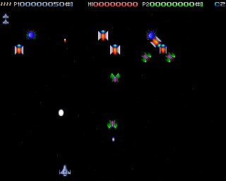 Deluxe Galaga 2.x (Amiga) screenshot: (AGA) A destroyed alien releases a small silver coin
