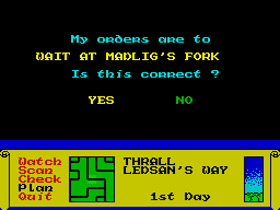 Dark Sceptre (ZX Spectrum) screenshot: The 'wait' instruction brings up the map - you choose somewhere from it