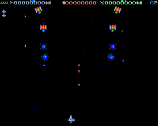 Deluxe Galaga 2.x (Amiga) screenshot: (AGA) The first alien wave comes