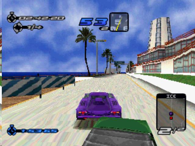 Need for Speed III: Hot Pursuit (PlayStation) screenshot: Scraping past traffic in zoomed-up third-person view.