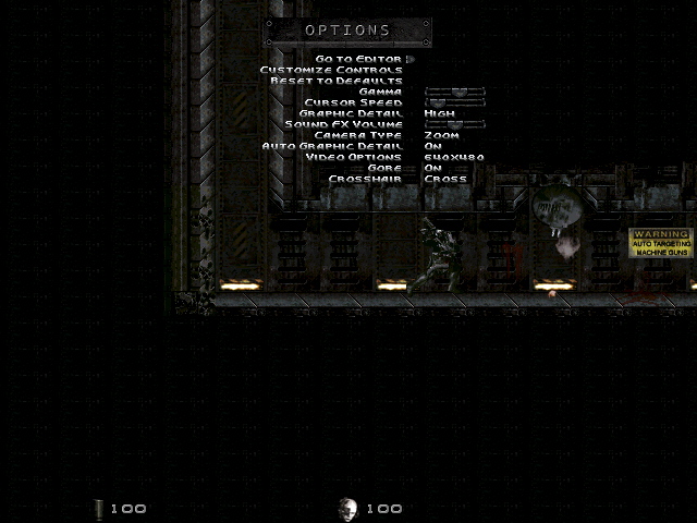 Genocide: Remixed Version (Windows) screenshot: The game configuration options are accessed from the main menu. The game editor is accessed from here too