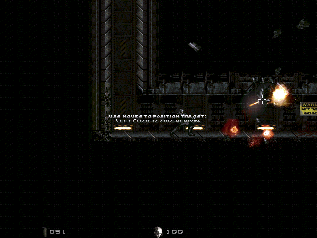 Genocide: Remixed Version (Windows) screenshot: The first obstacle is this overhead turret<br>In the early stages the game provides advice on the game's controls