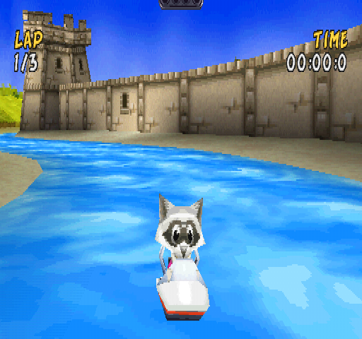 XS Airboat Racing (PlayStation) screenshot: Time Trial mode. That's Rocco.