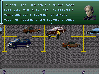 Super Columbine Massacre RPG! (Windows) screenshot: In the parking lot. You must plant the bombs without being spotted.