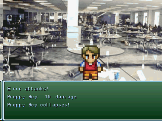 Super Columbine Massacre RPG! (Windows) screenshot: Fighting a preppy boy in the cafeteria.