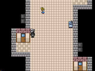 Super Columbine Massacre RPG! (Windows) screenshot: Stealth sequence: Sneak the bombs past teh hall monitors and security cameras.