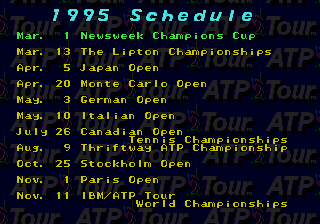 ATP Tour Championship Tennis (Genesis) screenshot: The 11 tournaments.