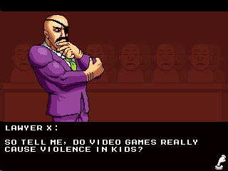 I'm O.K: A Murder Simulator (Windows) screenshot: From the trial: The defense blames video games