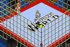 Fire Pro Wrestling 2 (Game Boy Advance) screenshot: The cage flickers as one of the fighters goes face first into it. Zaaap!