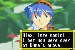 Lunar: Legend (Game Boy Advance) screenshot: Alex tells Luna of the Wizard