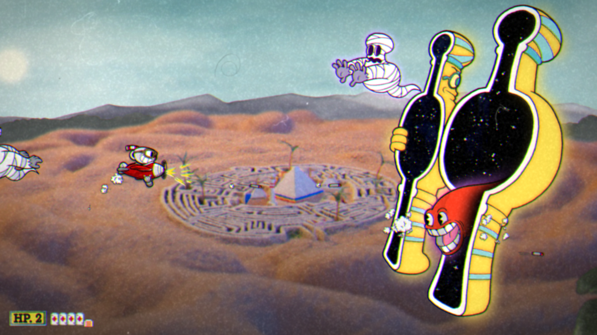 Cuphead (Windows) screenshot: Another shoot-'em-up boss. The background is constantly rotating