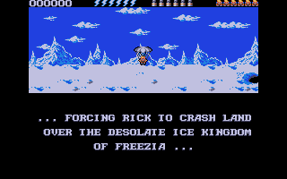 Rick Dangerous 2 (Amiga) screenshot: Rick crash-lands the spaceship over the Ice Kingdom of Freezia.