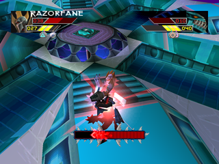 The Unholy War (PlayStation) screenshot: Razorfane being attacked by the Prana Devil.