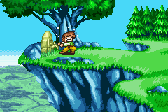Lunar: Legend (Game Boy Advance) screenshot: We see Alex trying to pull the sword out of the stone