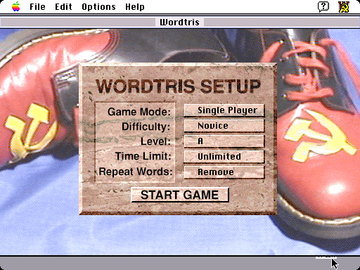 Wordtris (Macintosh) screenshot: Setup screen