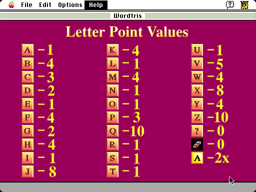 Wordtris (Macintosh) screenshot: Letter point values