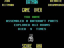 Batman (ZX Spectrum) screenshot: Game over statistics