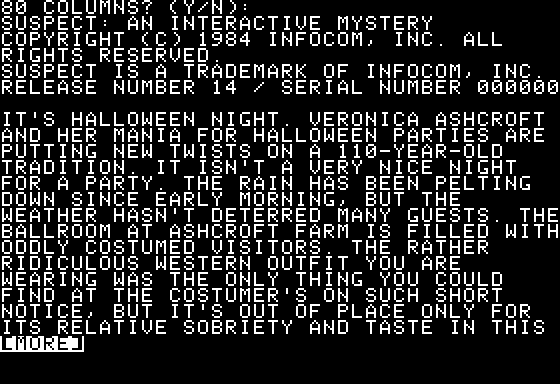 Suspect (Apple II) screenshot: Introduction (40-column mode)