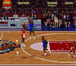 NBA Jam Tournament Edition (SNES) screenshot: Scottie Pippen goes for three