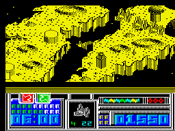 Leviathan (ZX Spectrum) screenshot: An example of a fight. If you defeat all enemies at first landscape game will start again on same landscape, but with increased difficulty. Maximum difficulty - 10 level.